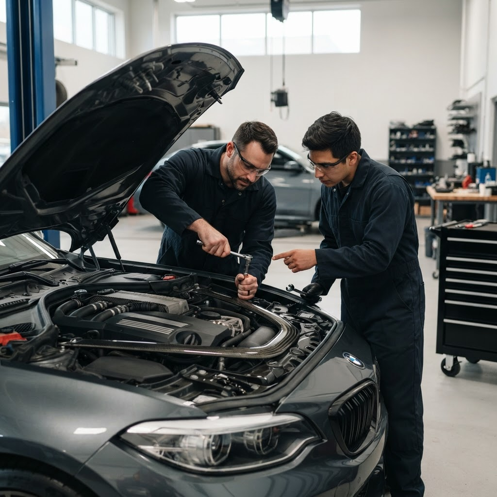 Equipe de mecânicos da Bressa Auto Center trabalhando em um veículo